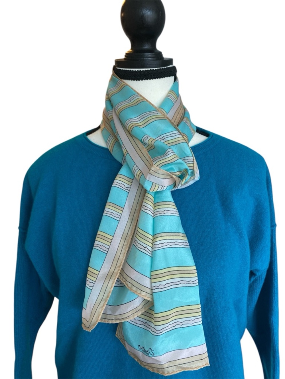 Vintage Demaro Silk Light Aqua & Rose Gold Stripe Skinny Neck Scarf 8” x 58”